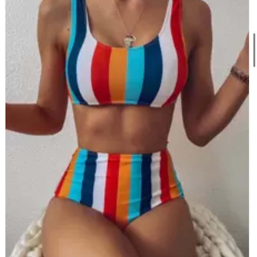 SHEIN Red and Blue Bikini Set Retro High-Waist